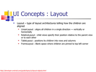 UI Concepts : Layout  Layout – type of layout architectures telling how the children are aligned LinearLayout : aligns all children in a single direction — vertically or horizontally RelativeLayout : child views specify their position relative to the parent view or to each other  TableLayout : positions its children into rows and columns FrameLayout : Blank space where children are pinned to top left corner http://developer.android.com/guide/topics/ui/layout-objects.html 