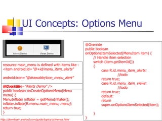 UI Concepts: Options Menu http://developer.android.com/guide/topics/ui/menus.html @Override public boolean onCreateOptionsMenu(Menu menu) {  MenuInflater inflater = getMenuInflater();  inflater.inflate(R.menu. main_menu, menu);  return true; } @Override public boolean onOptionsItemSelected(MenuItem item) {  // Handle item selection  switch (item.getItemId())  {  case R.id. menu_item_alerts:  //todo return true;  case R.id. menu_item_views: //todo  return true;  default:  return super.onOptionsItemSelected(item);  } } resource main_menu is defined with items like :  <item android:id= &quot;@+id/menu_item_alerts&quot;  android:icon= &quot;@drawable/icon_menu_alert&quot;  android:title= &quot;Alerts Demo&quot; />  