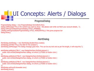 UI Concepts: Alerts / Dialogs ProgressDialog dialog = new ProgressDialog( DemoAlerts.this); dialog.setMessage(&quot;This is the content you want to show - like please wait while we fetch your account details...&quot;); dialog.setProgressStyle(ProgressDialog. STYLE_SPINNER); // dialog.setProgressStyle(ProgressDialog. STYLE_HORIZONTAL);// this gives progress bar dialog.show(); AlertDialog alertDialog = new AlertDialog.Builder(this).create(); alertDialog.setTitle(&quot;This is the title for the window&quot;); alertDialog.setMessage(&quot;The dialog message goes here. This can be any text and as per the length, it will wrap this.&quot;); alertDialog.setButton(&quot;Btn1&quot;, new DialogInterface.OnClickListener() { public void onClick(DialogInterface dialog, int which) {//TODO on button click } }); alertDialog.setButton2(&quot;Btn2&quot;, new DialogInterface.OnClickListener() { public void onClick(DialogInterface dialog, int which) {//TODO on button click } }); alertDialog.setButton3(&quot;Btn3&quot;, new DialogInterface.OnClickListener() { public void onClick(DialogInterface dialog, int which) {//TODO on button click } }); alertDialog.setIcon(R.drawable. icon); alertDialog.show(); ProgressDialog AlertDialog 