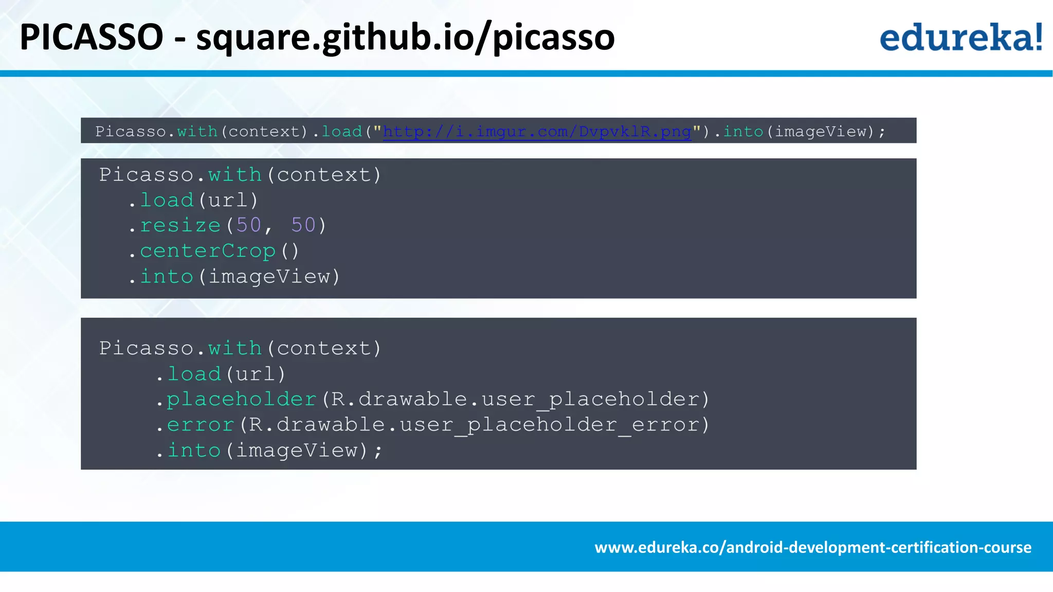 PICASSO - square.github.io/picasso
www.edureka.co/android-development-certification-course
 