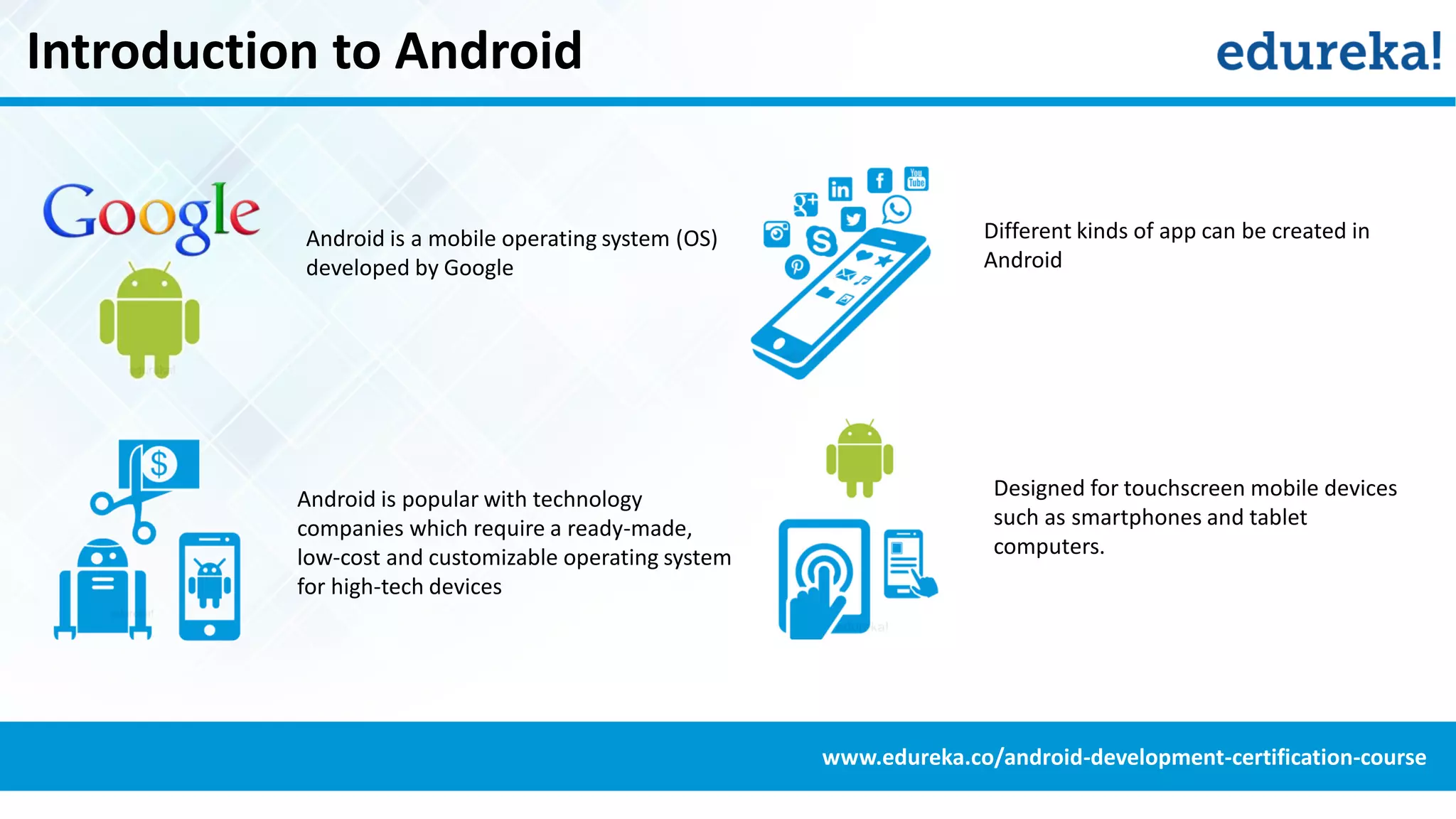 Introduction to Android
www.edureka.co/android-development-certification-course
Designed for touchscreen mobile devices
such as smartphones and tablet
computers.
Android is a mobile operating system (OS)
developed by Google
Android is popular with technology
companies which require a ready-made,
low-cost and customizable operating system
for high-tech devices
Different kinds of app can be created in
Android
 