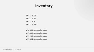Inventory
10.1.2.75
10.1.5.45
10.1.4.5
10.1.0.40
w14301.example.com
w17802.example.com
w19203.example.com
w19304.example.com
 