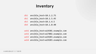 Inventory
db1 ansible_host=10.1.2.75
db2 ansible_host=10.1.5.45
db3 ansible_host=10.1.4.5
db4 ansible_host=10.1.0.40
web1 ansible_host=w14301.example.com
web2 ansible_host=w17802.example.com
web3 ansible_host=w19203.example.com
web4 ansible_host=w19203.example.com
 