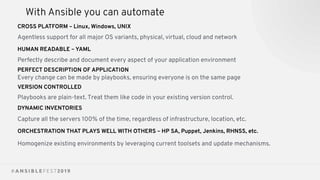With Ansible you can automate
CROSS PLATFORM – Linux, Windows, UNIX
Agentless support for all major OS variants, physical, virtual, cloud and network
HUMAN READABLE – YAML
Perfectly describe and document every aspect of your application environment
PERFECT DESCRIPTION OF APPLICATION
Every change can be made by playbooks, ensuring everyone is on the same page
VERSION CONTROLLED
Playbooks are plain-text. Treat them like code in your existing version control.
DYNAMIC INVENTORIES
Capture all the servers 100% of the time, regardless of infrastructure, location, etc.
ORCHESTRATION THAT PLAYS WELL WITH OTHERS – HP SA, Puppet, Jenkins, RHNSS, etc.
Homogenize existing environments by leveraging current toolsets and update mechanisms.
 