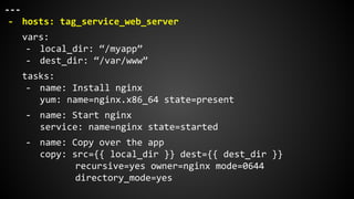 ---
- hosts: tag_service_web_server
vars:
- local_dir: “/myapp”
- dest_dir: “/var/www”
tasks:
- name: Install nginx
yum: name=nginx.x86_64 state=present
- name: Start nginx
service: name=nginx state=started
- name: Copy over the app
copy: src={{ local_dir }} dest={{ dest_dir }}
recursive=yes owner=nginx mode=0644
directory_mode=yes
 