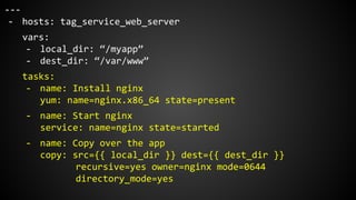 ---
- hosts: tag_service_web_server
vars:
- local_dir: “/myapp”
- dest_dir: “/var/www”
tasks:
- name: Install nginx
yum: name=nginx.x86_64 state=present
- name: Start nginx
service: name=nginx state=started
- name: Copy over the app
copy: src={{ local_dir }} dest={{ dest_dir }}
recursive=yes owner=nginx mode=0644
directory_mode=yes
 