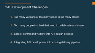 13
OAS Development Challenges
1. Too many versions of too many specs in too many places
2. Too many people involved that need to collaborate and share
3. Loss of control and visibility into API design process
4. Integrating API development into existing delivery pipeline
 