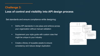 17
Challenge 3:
Loss of control and visibility into API design process
Set standards and ensure compliance while designing:
 Define API standards in one place and enforce across
your organization without manual validation
 Supplement your style guide with custom rules that
might be unique to your industry
 Create a library of reusable assets to ensure
consistency and reduce design duplication
 