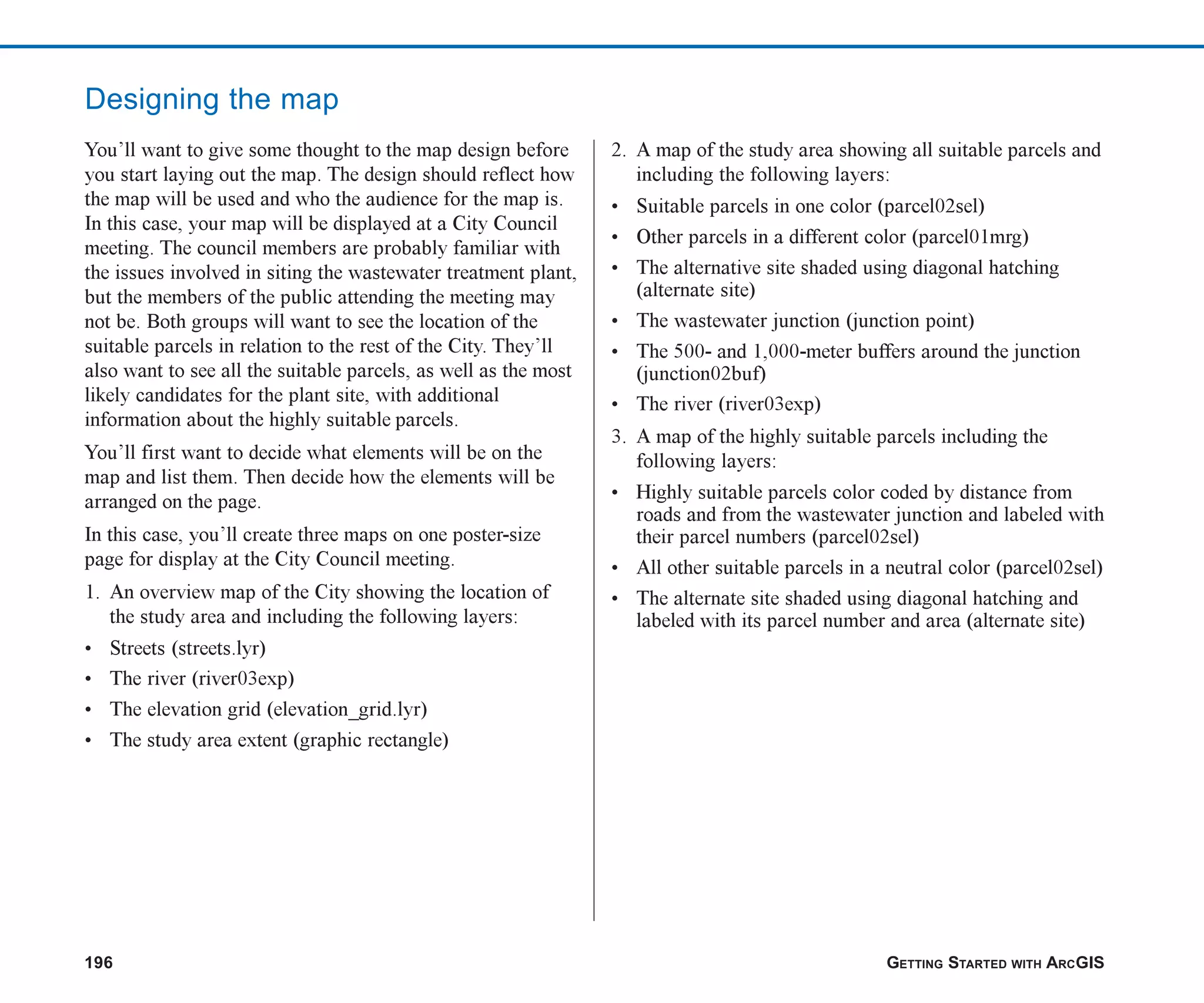 196 GETTING STARTED WITH ARCGIS
Designing the map
You’ll want to give some thought to the map design before
you start laying out the map. The design should reflect how
the map will be used and who the audience for the map is.
In this case, your map will be displayed at a City Council
meeting. The council members are probably familiar with
the issues involved in siting the wastewater treatment plant,
but the members of the public attending the meeting may
not be. Both groups will want to see the location of the
suitable parcels in relation to the rest of the City. They’ll
also want to see all the suitable parcels, as well as the most
likely candidates for the plant site, with additional
information about the highly suitable parcels.
You’ll first want to decide what elements will be on the
map and list them. Then decide how the elements will be
arranged on the page.
In this case, you’ll create three maps on one poster-size
page for display at the City Council meeting.
1. An overview map of the City showing the location of
the study area and including the following layers:
• Streets (streets.lyr)
• The river (river03exp)
• The elevation grid (elevation_grid.lyr)
• The study area extent (graphic rectangle)
2. A map of the study area showing all suitable parcels and
including the following layers:
• Suitable parcels in one color (parcel02sel)
• Other parcels in a different color (parcel01mrg)
• The alternative site shaded using diagonal hatching
(alternate site)
• The wastewater junction (junction point)
• The 500- and 1,000-meter buffers around the junction
(junction02buf)
• The river (river03exp)
3. A map of the highly suitable parcels including the
following layers:
• Highly suitable parcels color coded by distance from
roads and from the wastewater junction and labeled with
their parcel numbers (parcel02sel)
• All other suitable parcels in a neutral color (parcel02sel)
• The alternate site shaded using diagonal hatching and
labeled with its parcel number and area (alternate site)
ch08.p65 02/15/2001, 4:09 PM
196
 