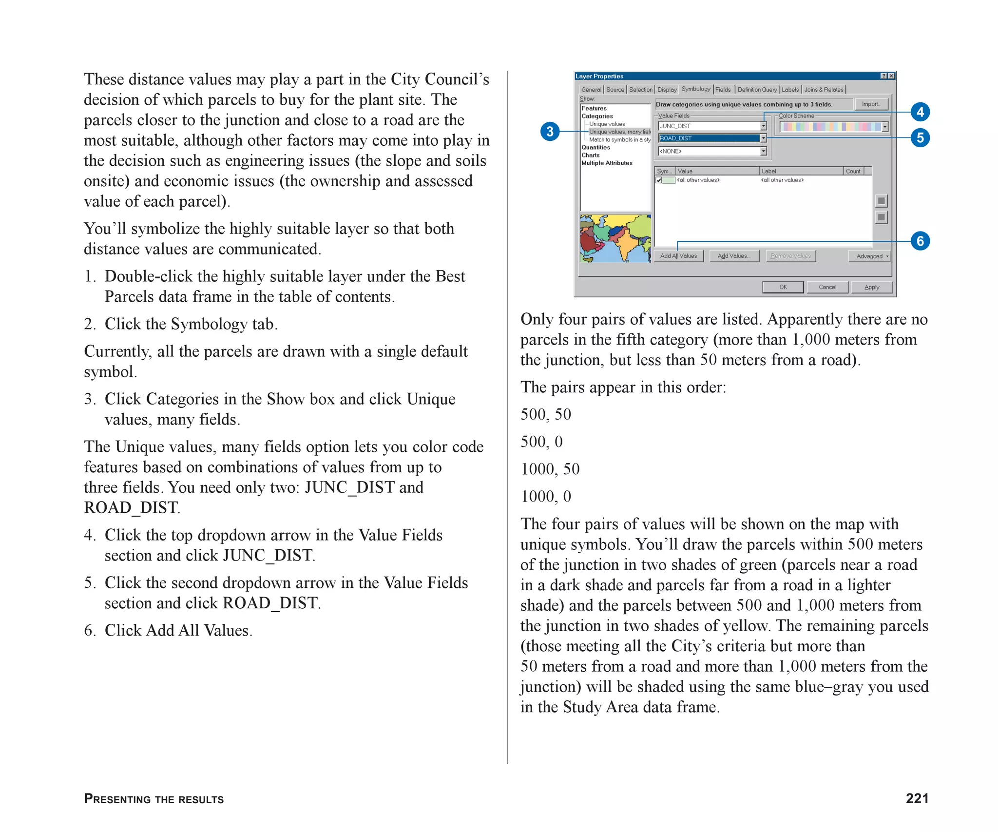 PRESENTING THE RESULTS 221
These distance values may play a part in the City Council’s
decision of which parcels to buy for the plant site. The
parcels closer to the junction and close to a road are the
most suitable, although other factors may come into play in
the decision such as engineering issues (the slope and soils
onsite) and economic issues (the ownership and assessed
value of each parcel).
You’ll symbolize the highly suitable layer so that both
distance values are communicated.
1. Double-click the highly suitable layer under the Best
Parcels data frame in the table of contents.
2. Click the Symbology tab.
Currently, all the parcels are drawn with a single default
symbol.
3. Click Categories in the Show box and click Unique
values, many fields.
The Unique values, many fields option lets you color code
features based on combinations of values from up to
three fields. You need only two: JUNC_DIST and
ROAD_DIST.
4. Click the top dropdown arrow in the Value Fields
section and click JUNC_DIST.
5. Click the second dropdown arrow in the Value Fields
section and click ROAD_DIST.
6. Click Add All Values.
Only four pairs of values are listed. Apparently there are no
parcels in the fifth category (more than 1,000 meters from
the junction, but less than 50 meters from a road).
The pairs appear in this order:
500, 50
500, 0
1000, 50
1000, 0
The four pairs of values will be shown on the map with
unique symbols. You’ll draw the parcels within 500 meters
of the junction in two shades of green (parcels near a road
in a dark shade and parcels far from a road in a lighter
shade) and the parcels between 500 and 1,000 meters from
the junction in two shades of yellow. The remaining parcels
(those meeting all the City’s criteria but more than
50 meters from a road and more than 1,000 meters from the
junction) will be shaded using the same blue–gray you used
in the Study Area data frame.
5
6
3
4
ch08.p65 02/15/2001, 4:11 PM
221
 