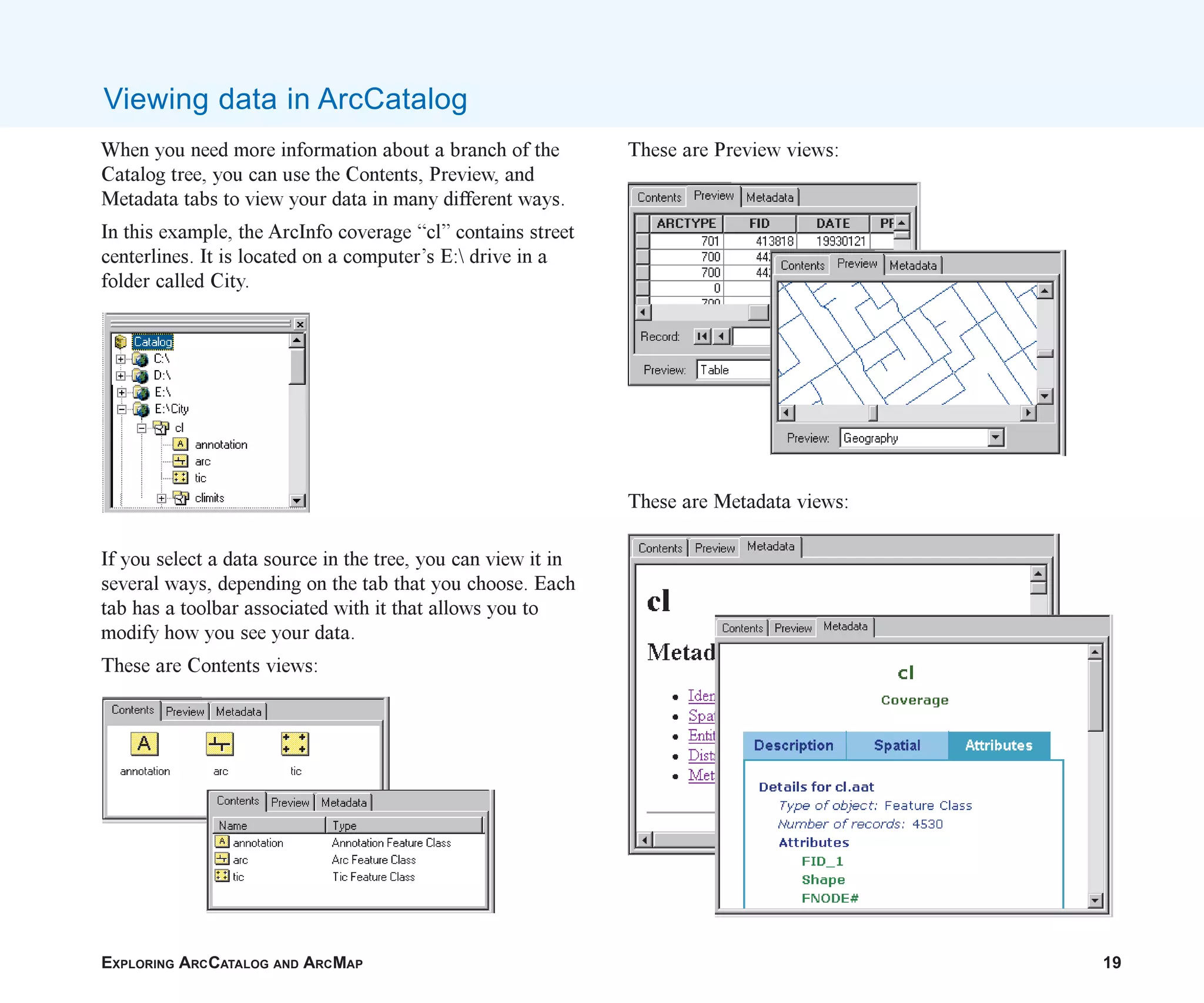 EXPLORING ARCCATALOG AND ARCMAP 19
When you need more information about a branch of the
Catalog tree, you can use the Contents, Preview, and
Metadata tabs to view your data in many different ways.
In this example, the ArcInfo coverage “cl” contains street
centerlines. It is located on a computer’s E: drive in a
folder called City.
If you select a data source in the tree, you can view it in
several ways, depending on the tab that you choose. Each
tab has a toolbar associated with it that allows you to
modify how you see your data.
These are Contents views:
Viewing data in ArcCatalog
These are Preview views:
These are Metadata views:
ch2.p65 02/16/2001, 8:56 AM
19
 