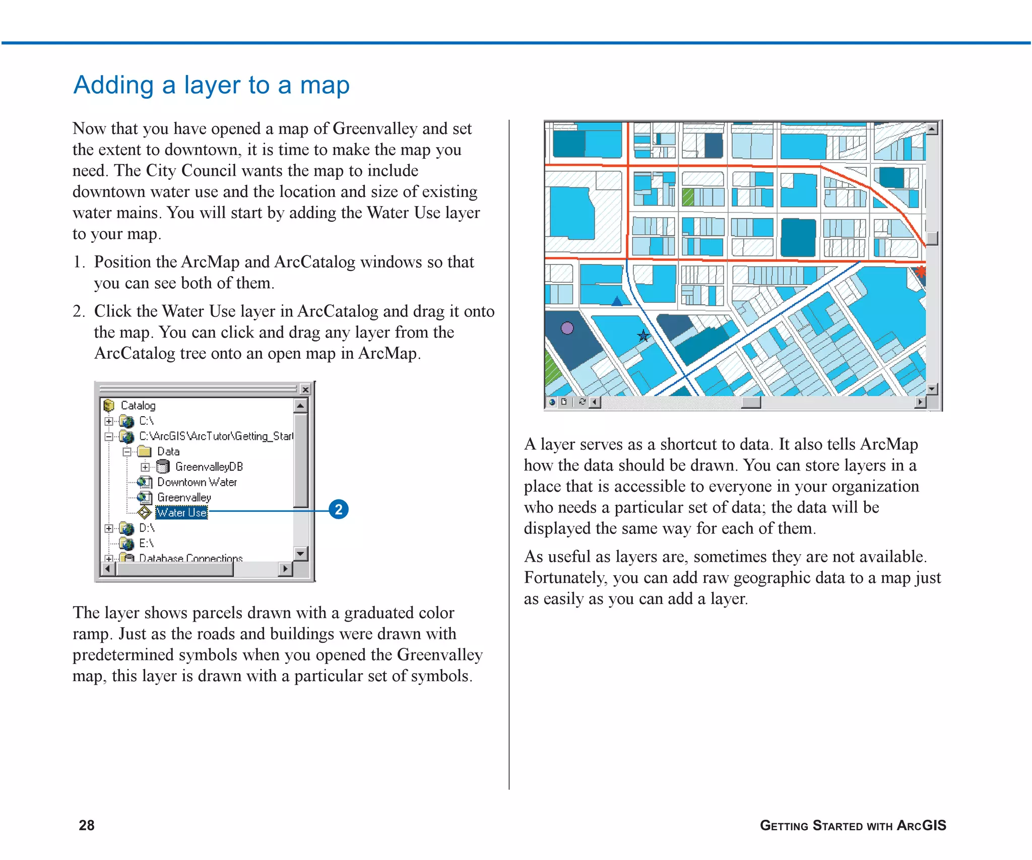 28 GETTING STARTED WITH ARCGIS
Adding a layer to a map
Now that you have opened a map of Greenvalley and set
the extent to downtown, it is time to make the map you
need. The City Council wants the map to include
downtown water use and the location and size of existing
water mains. You will start by adding the Water Use layer
to your map.
1. Position the ArcMap and ArcCatalog windows so that
you can see both of them.
2. Click the Water Use layer in ArcCatalog and drag it onto
the map. You can click and drag any layer from the
ArcCatalog tree onto an open map in ArcMap.
The layer shows parcels drawn with a graduated color
ramp. Just as the roads and buildings were drawn with
predetermined symbols when you opened the Greenvalley
map, this layer is drawn with a particular set of symbols.
2
A layer serves as a shortcut to data. It also tells ArcMap
how the data should be drawn. You can store layers in a
place that is accessible to everyone in your organization
who needs a particular set of data; the data will be
displayed the same way for each of them.
As useful as layers are, sometimes they are not available.
Fortunately, you can add raw geographic data to a map just
as easily as you can add a layer.
ch2.p65 02/16/2001, 8:56 AM
28
 