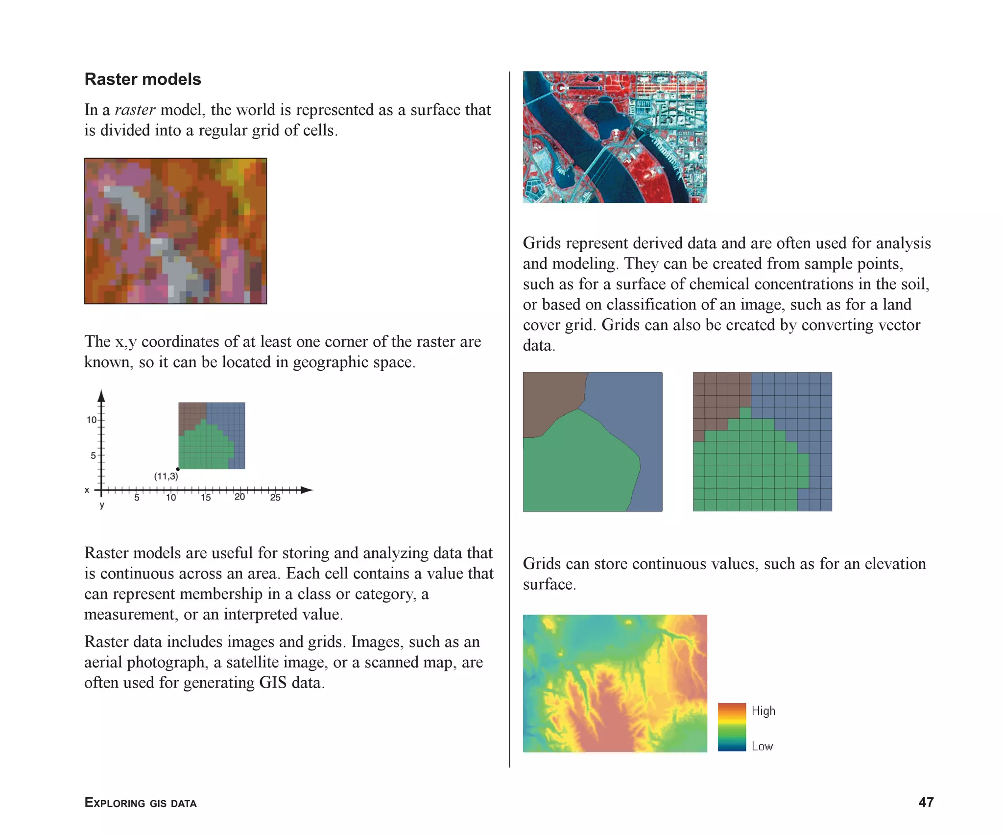 EXPLORING GIS DATA 47
Raster models
In a raster model, the world is represented as a surface that
is divided into a regular grid of cells.
The x,y coordinates of at least one corner of the raster are
known, so it can be located in geographic space.
Raster models are useful for storing and analyzing data that
is continuous across an area. Each cell contains a value that
can represent membership in a class or category, a
measurement, or an interpreted value.
Raster data includes images and grids. Images, such as an
aerial photograph, a satellite image, or a scanned map, are
often used for generating GIS data.
Grids represent derived data and are often used for analysis
and modeling. They can be created from sample points,
such as for a surface of chemical concentrations in the soil,
or based on classification of an image, such as for a land
cover grid. Grids can also be created by converting vector
data.
Grids can store continuous values, such as for an elevation
surface.
ch03.p65 02/15/2001, 10:36 AM
47
 