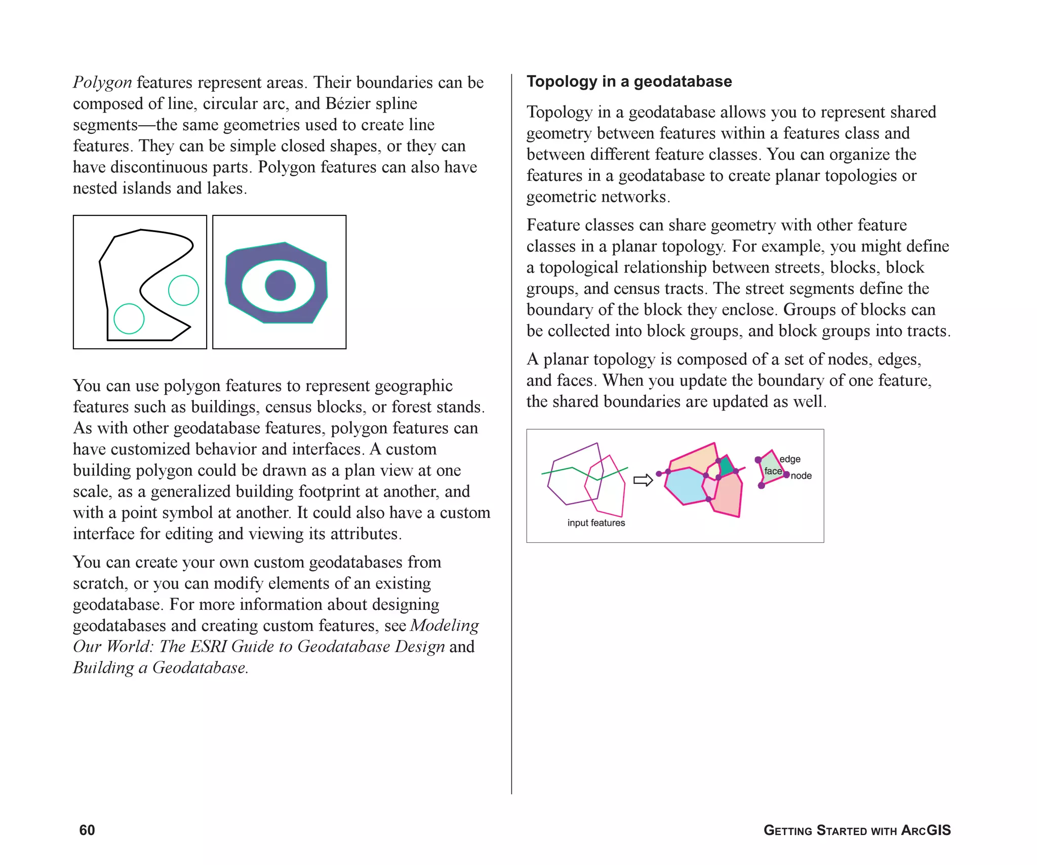 60 GETTING STARTED WITH ARCGIS
Polygon features represent areas. Their boundaries can be
composed of line, circular arc, and Bézier spline
segments—the same geometries used to create line
features. They can be simple closed shapes, or they can
have discontinuous parts. Polygon features can also have
nested islands and lakes.
You can use polygon features to represent geographic
features such as buildings, census blocks, or forest stands.
As with other geodatabase features, polygon features can
have customized behavior and interfaces. A custom
building polygon could be drawn as a plan view at one
scale, as a generalized building footprint at another, and
with a point symbol at another. It could also have a custom
interface for editing and viewing its attributes.
You can create your own custom geodatabases from
scratch, or you can modify elements of an existing
geodatabase. For more information about designing
geodatabases and creating custom features, see Modeling
Our World: The ESRI Guide to Geodatabase Design and
Building a Geodatabase.
Topology in a geodatabase
Topology in a geodatabase allows you to represent shared
geometry between features within a features class and
between different feature classes. You can organize the
features in a geodatabase to create planar topologies or
geometric networks.
Feature classes can share geometry with other feature
classes in a planar topology. For example, you might define
a topological relationship between streets, blocks, block
groups, and census tracts. The street segments define the
boundary of the block they enclose. Groups of blocks can
be collected into block groups, and block groups into tracts.
A planar topology is composed of a set of nodes, edges,
and faces. When you update the boundary of one feature,
the shared boundaries are updated as well.
ch03.p65 02/16/2001, 11:05 AM
60
 