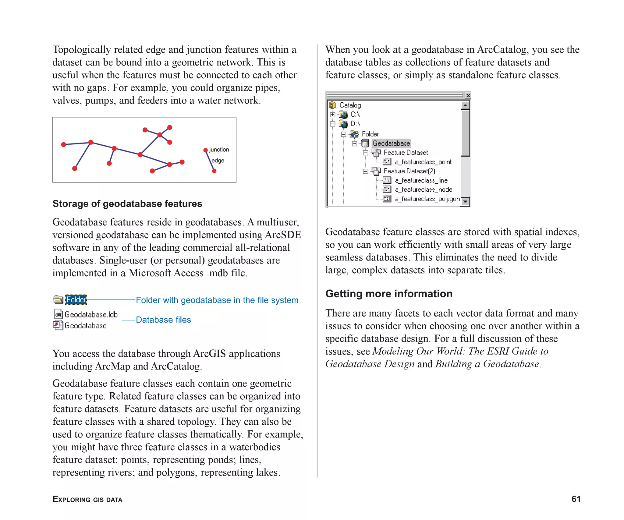 EXPLORING GIS DATA 61
Topologically related edge and junction features within a
dataset can be bound into a geometric network. This is
useful when the features must be connected to each other
with no gaps. For example, you could organize pipes,
valves, pumps, and feeders into a water network.
Storage of geodatabase features
Geodatabase features reside in geodatabases. A multiuser,
versioned geodatabase can be implemented using ArcSDE
software in any of the leading commercial all-relational
databases. Single-user (or personal) geodatabases are
implemented in a Microsoft Access .mdb file.
You access the database through ArcGIS applications
including ArcMap and ArcCatalog.
Geodatabase feature classes each contain one geometric
feature type. Related feature classes can be organized into
feature datasets. Feature datasets are useful for organizing
feature classes with a shared topology. They can also be
used to organize feature classes thematically. For example,
you might have three feature classes in a waterbodies
feature dataset: points, representing ponds; lines,
representing rivers; and polygons, representing lakes.
When you look at a geodatabase in ArcCatalog, you see the
database tables as collections of feature datasets and
feature classes, or simply as standalone feature classes.
Geodatabase feature classes are stored with spatial indexes,
so you can work efficiently with small areas of very large
seamless databases. This eliminates the need to divide
large, complex datasets into separate tiles.
Getting more information
There are many facets to each vector data format and many
issues to consider when choosing one over another within a
specific database design. For a full discussion of these
issues, see Modeling Our World: The ESRI Guide to
Geodatabase Design and Building a Geodatabase.
Folder with geodatabase in the file system
Database files
ch03.p65 02/15/2001, 10:36 AM
61
 