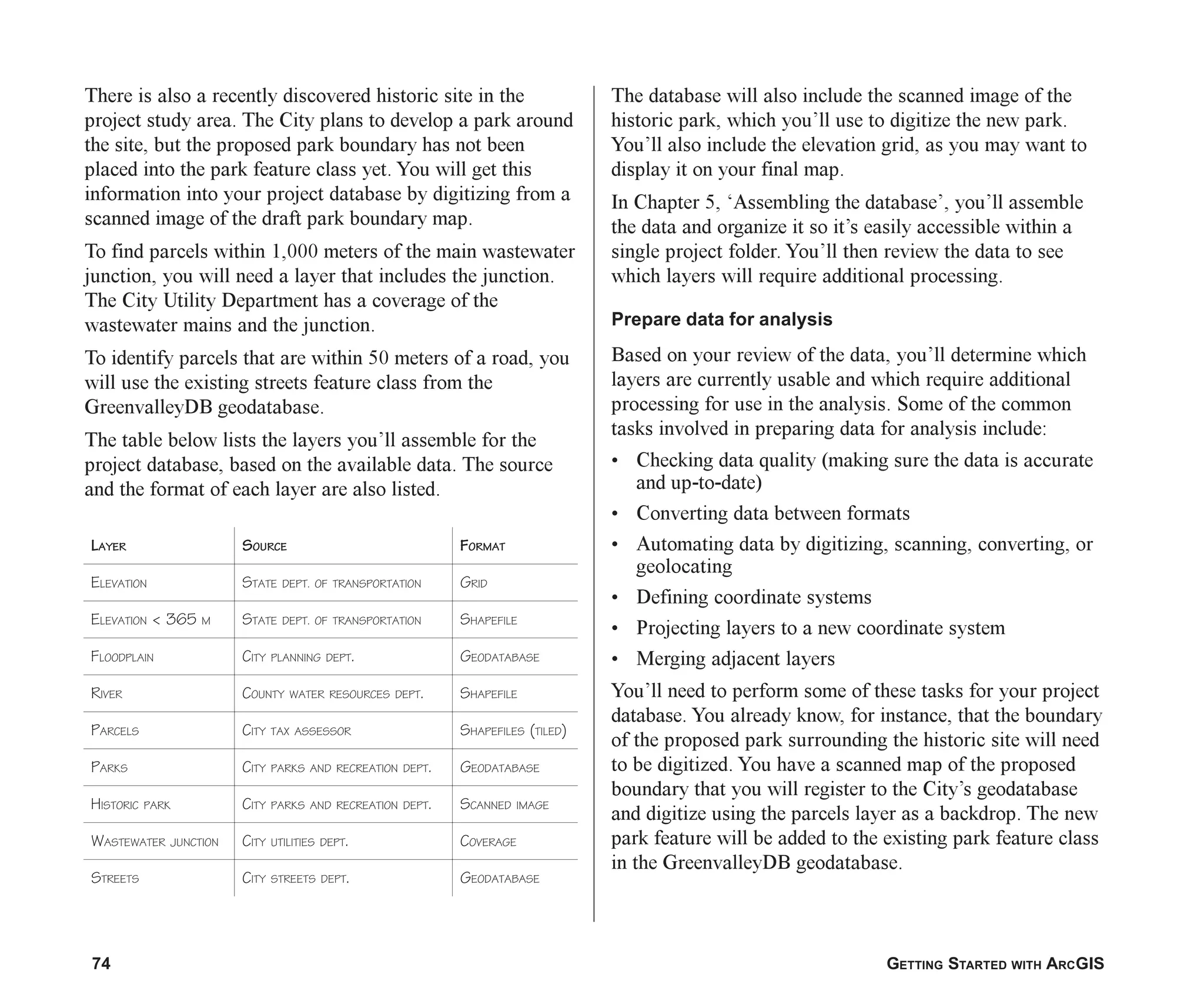 74 GETTING STARTED WITH ARCGIS
There is also a recently discovered historic site in the
project study area. The City plans to develop a park around
the site, but the proposed park boundary has not been
placed into the park feature class yet. You will get this
information into your project database by digitizing from a
scanned image of the draft park boundary map.
To find parcels within 1,000 meters of the main wastewater
junction, you will need a layer that includes the junction.
The City Utility Department has a coverage of the
wastewater mains and the junction.
To identify parcels that are within 50 meters of a road, you
will use the existing streets feature class from the
GreenvalleyDB geodatabase.
The table below lists the layers you’ll assemble for the
project database, based on the available data. The source
and the format of each layer are also listed.
The database will also include the scanned image of the
historic park, which you’ll use to digitize the new park.
You’ll also include the elevation grid, as you may want to
display it on your final map.
In Chapter 5, ‘Assembling the database’, you’ll assemble
the data and organize it so it’s easily accessible within a
single project folder. You’ll then review the data to see
which layers will require additional processing.
Prepare data for analysis
Based on your review of the data, you’ll determine which
layers are currently usable and which require additional
processing for use in the analysis. Some of the common
tasks involved in preparing data for analysis include:
• Checking data quality (making sure the data is accurate
and up-to-date)
• Converting data between formats
• Automating data by digitizing, scanning, converting, or
geolocating
• Defining coordinate systems
• Projecting layers to a new coordinate system
• Merging adjacent layers
You’ll need to perform some of these tasks for your project
database. You already know, for instance, that the boundary
of the proposed park surrounding the historic site will need
to be digitized. You have a scanned map of the proposed
boundary that you will register to the City’s geodatabase
and digitize using the parcels layer as a backdrop. The new
park feature will be added to the existing park feature class
in the GreenvalleyDB geodatabase.
LAYER SOURCE FORMAT
ELEVATION STATE DEPT. OF TRANSPORTATION GRID
ELEVATION < 5
6
3 M STATE DEPT. OF TRANSPORTATION SHAPEFILE
FLOODPLAIN CITY PLANNING DEPT. GEODATABASE
RIVER COUNTY WATER RESOURCES DEPT. SHAPEFILE
PARCELS CITY TAX ASSESSOR SHAPEFILES (TILED)
PARKS CITY PARKS AND RECREATION DEPT. GEODATABASE
HISTORIC PARK CITY PARKS AND RECREATION DEPT. SCANNED IMAGE
WASTEWATER JUNCTION CITY UTILITIES DEPT. COVERAGE
STREETS CITY STREETS DEPT. GEODATABASE
ch04.p65 02/15/2001, 10:49 AM
74
 