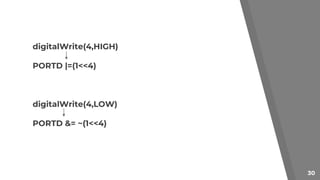 digitalWrite(4,HIGH)
PORTD |=(1<<4)
digitalWrite(4,LOW)
PORTD &= ~(1<<4)
30
 