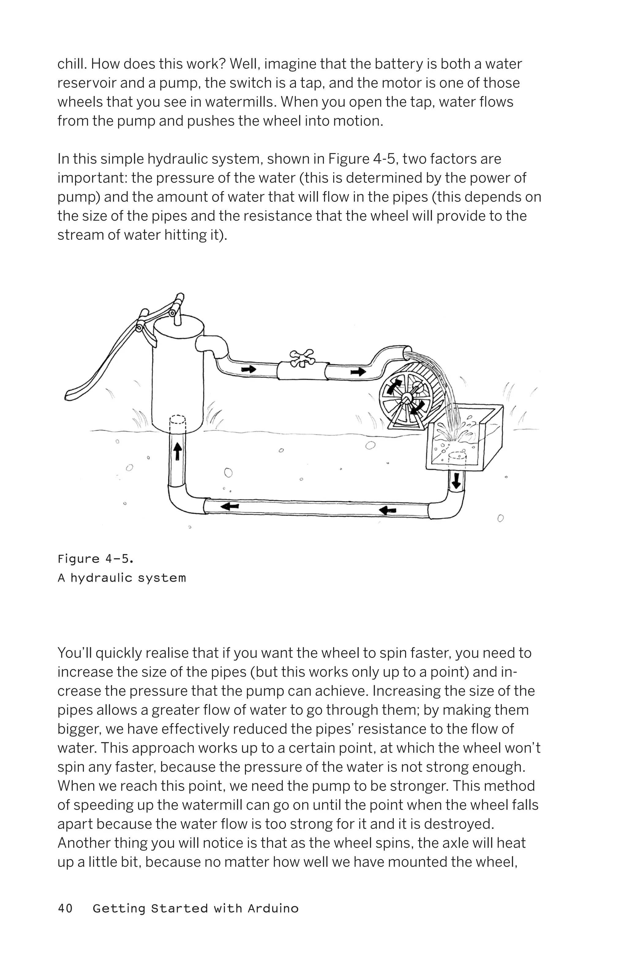 chill. How does this work? Well, imagine that the battery is both a water
reservoir and a pump, the switch is a tap, and the motor is one of those
wheels that you see in watermills. When you open the tap, water flows
from the pump and pushes the wheel into motion.

In this simple hydraulic system, shown in Figure 4-5, two factors are
important: the pressure of the water (this is determined by the power of
pump) and the amount of water that will flow in the pipes (this depends on
the size of the pipes and the resistance that the wheel will provide to the
stream of water hitting it).




Figure 4-5.
A hydraulic system




You’ll quickly realise that if you want the wheel to spin faster, you need to
increase the size of the pipes (but this works only up to a point) and in-
crease the pressure that the pump can achieve. Increasing the size of the
pipes allows a greater flow of water to go through them; by making them
bigger, we have effectively reduced the pipes’ resistance to the flow of
water. This approach works up to a certain point, at which the wheel won’t
spin any faster, because the pressure of the water is not strong enough.
When we reach this point, we need the pump to be stronger. This method
of speeding up the watermill can go on until the point when the wheel falls
apart because the water flow is too strong for it and it is destroyed.
Another thing you will notice is that as the wheel spins, the axle will heat
up a little bit, because no matter how well we have mounted the wheel,


40   Getting Started with Arduino
 