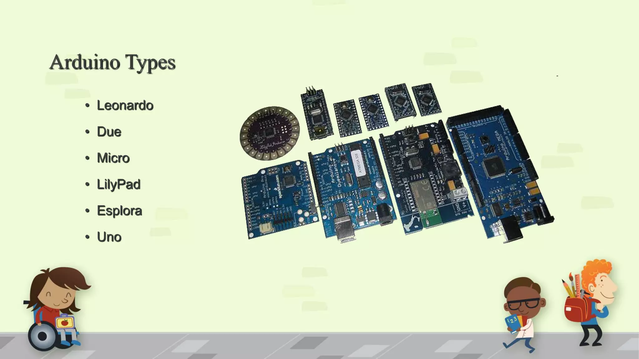 Arduino Types • Leonardo • Due • Micro • LilyPad • Esplora • Uno 
