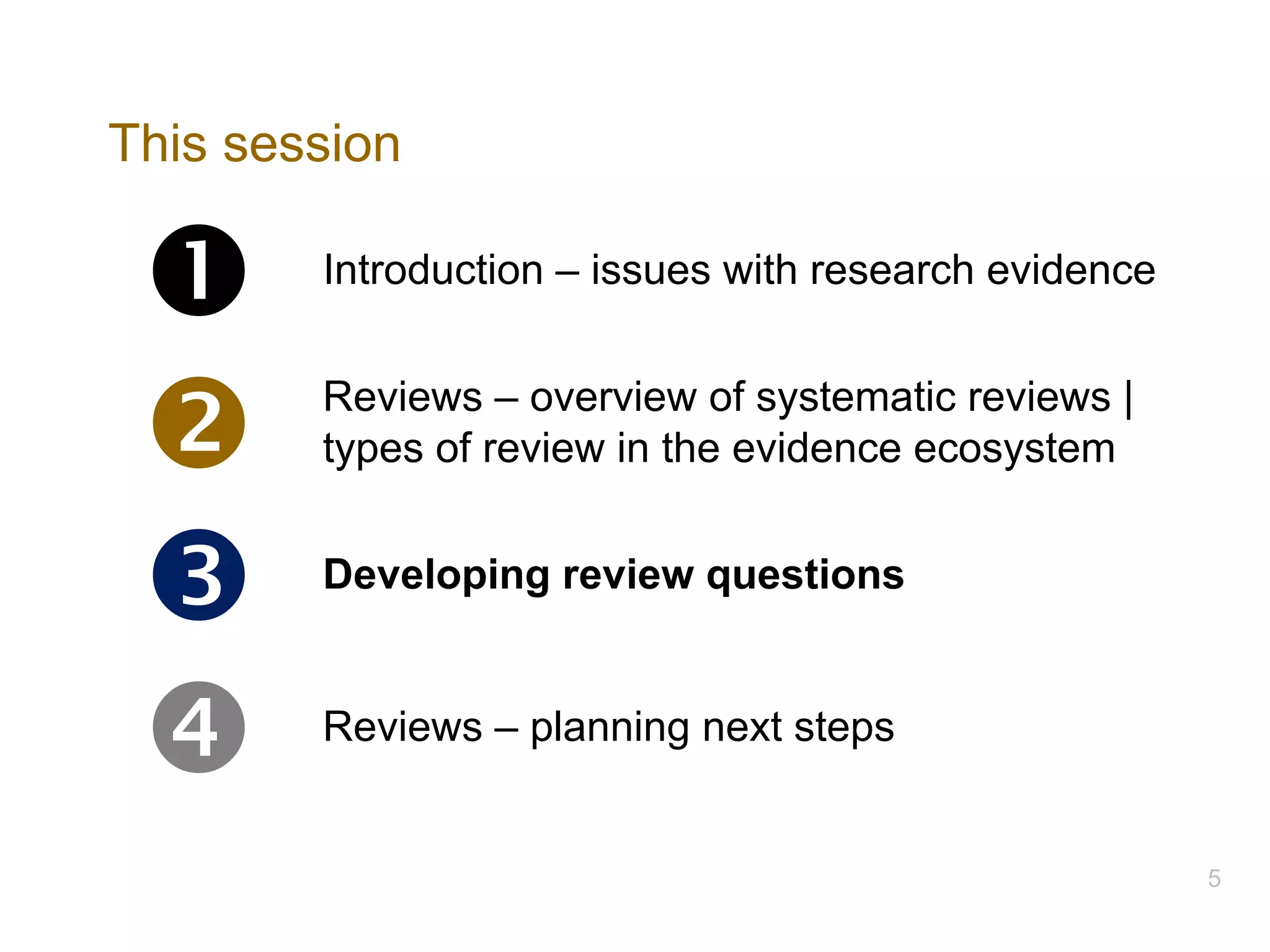 This session
Œ Introduction – issues with research evidence
 Reviews – overview of systematic reviews |
types of review in the evidence ecosystem
Ž Developing review questions
 Reviews – planning next steps
5
 