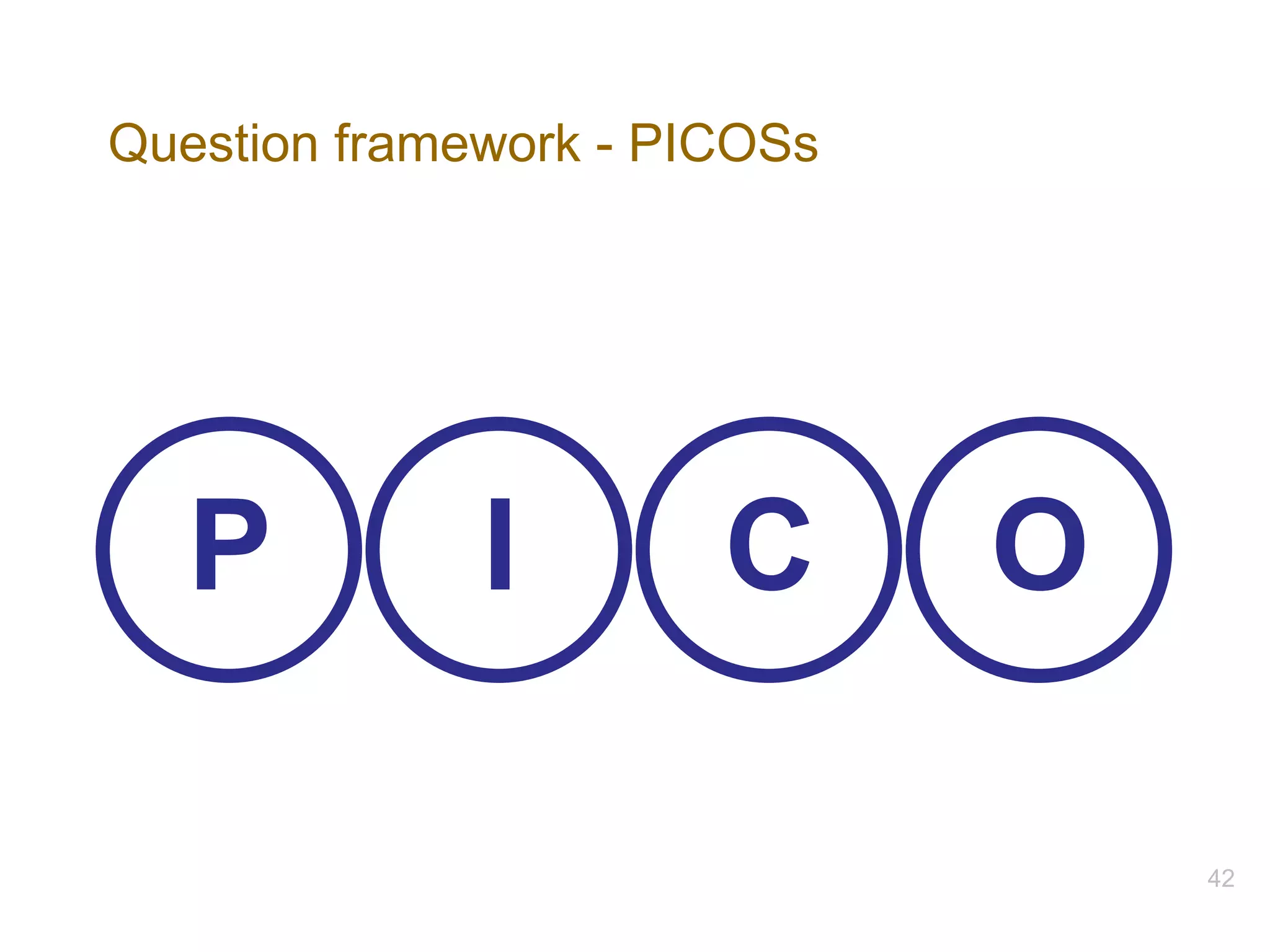 P I C O
Question framework - PICOSs
42
 