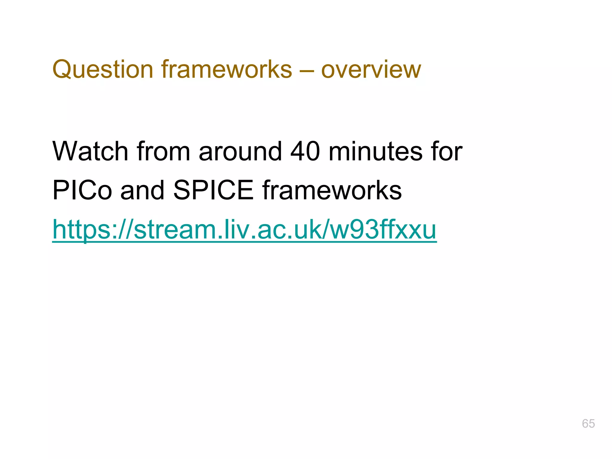 Question frameworks – overview
65
Watch from around 40 minutes for
PICo and SPICE frameworks
https://stream.liv.ac.uk/w93ffxxu
 