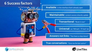 6 Success factors
Available: in the interface that’s already open
True conversations: “Give me the last option”
Transactional: “Book it now”
Answers not links: “You have 10 days leave”
Maintainable: content owners directly update
Universal: no “HR-bot”, “IT-bot” etc
 