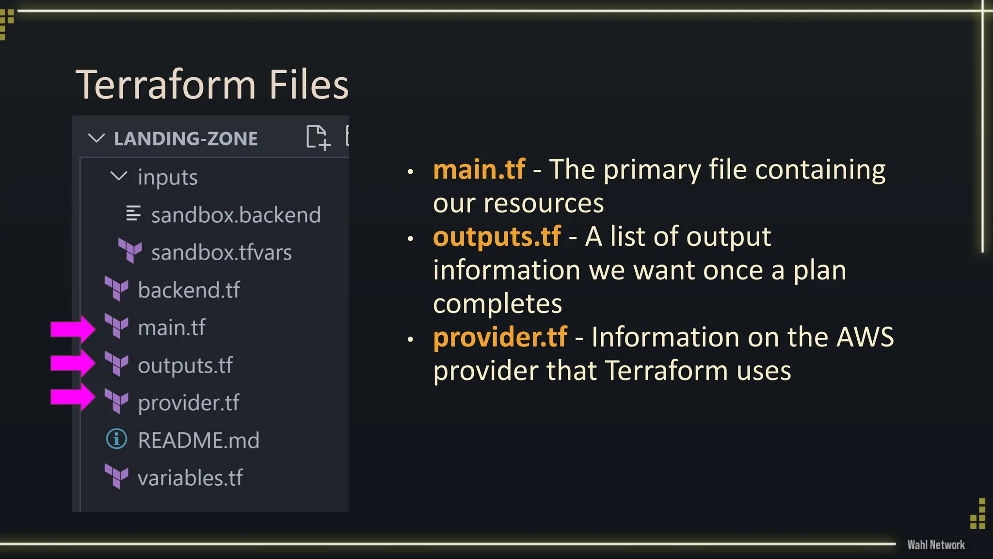 Terraform Files
• main.tf - The primary file containing
our resources
• outputs.tf - A list of output
information we want once a plan
completes
• provider.tf - Information on the AWS
provider that Terraform uses
 