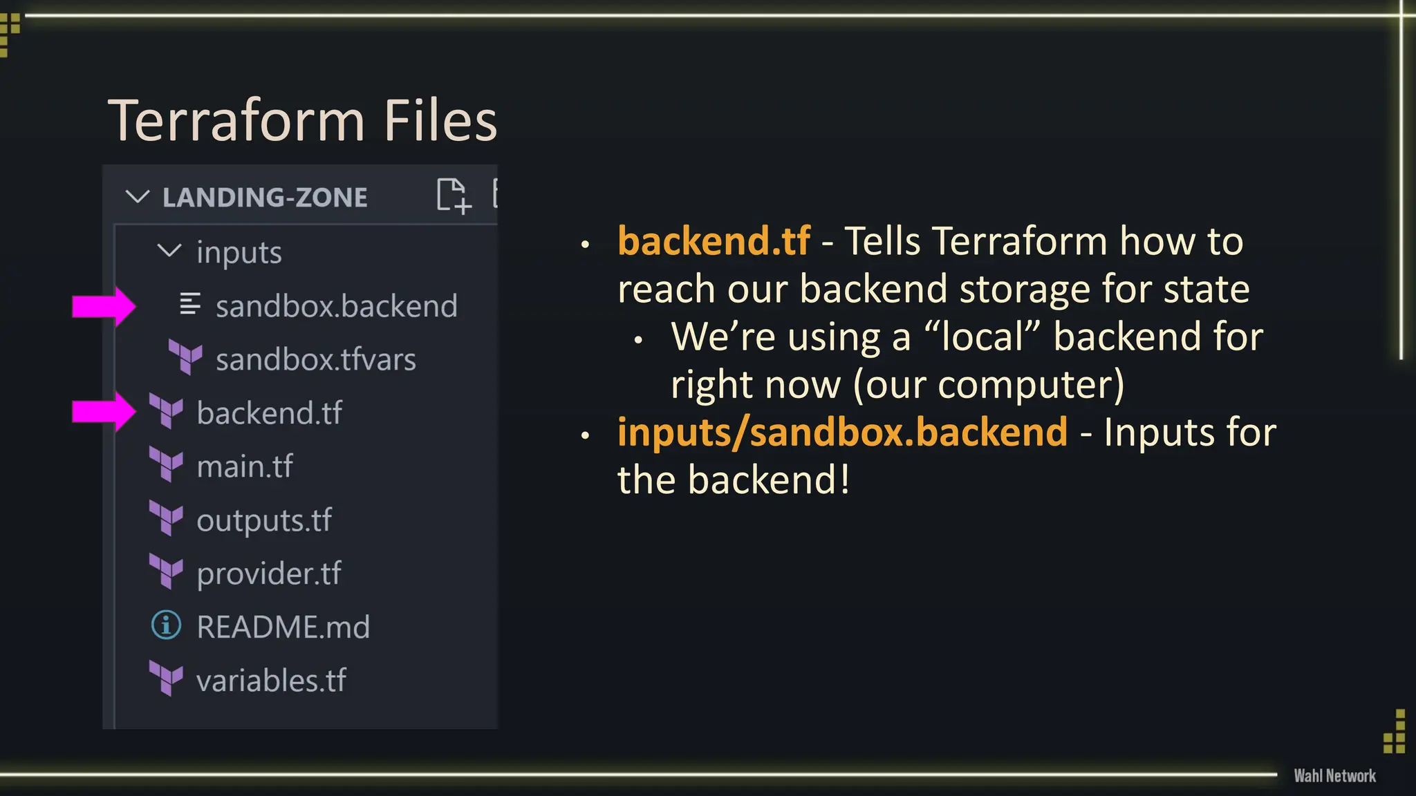 Terraform Files
• backend.tf - Tells Terraform how to
reach our backend storage for state
• We’re using a “local” backend for
right now (our computer)
• inputs/sandbox.backend - Inputs for
the backend!
 