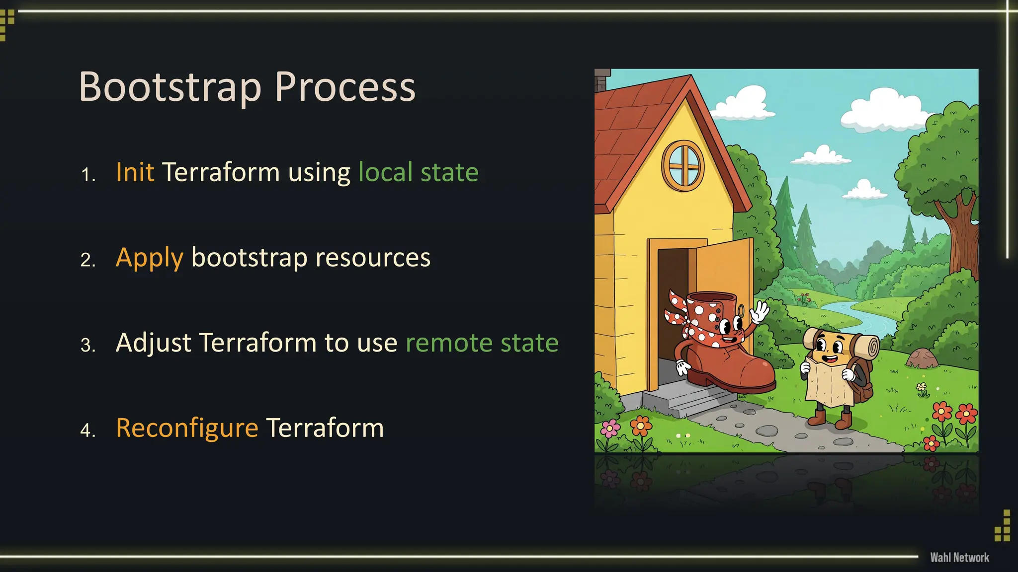 Bootstrap Process
1. Init Terraform using local state
2. Apply bootstrap resources
3. Adjust Terraform to use remote state
4. Reconfigure Terraform
 