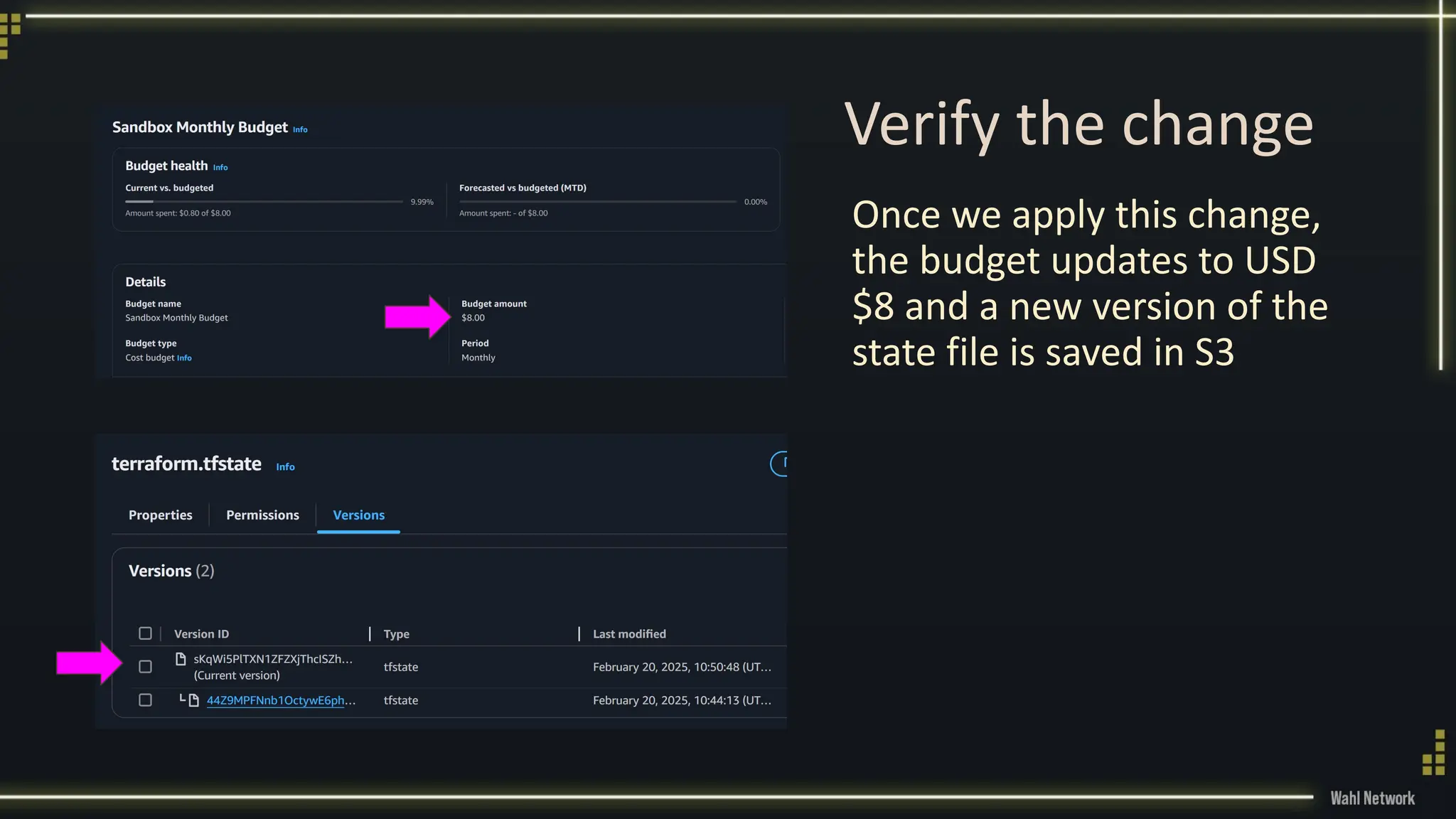Once we apply this change,
the budget updates to USD
$8 and a new version of the
state file is saved in S3
Verify the change
 