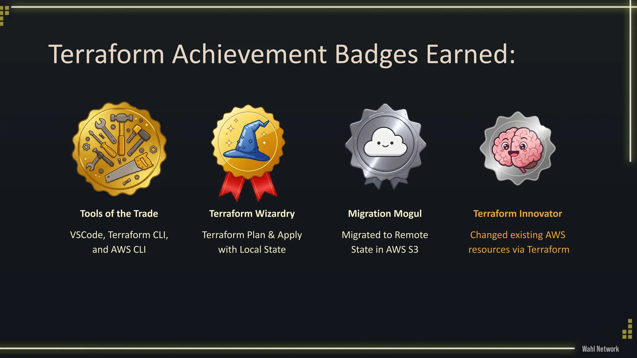 Terraform Achievement Badges Earned:
Tools of the Trade
VSCode, Terraform CLI,
and AWS CLI
Terraform Wizardry
Terraform Plan & Apply
with Local State
Migration Mogul
Migrated to Remote
State in AWS S3
Terraform Innovator
Changed existing AWS
resources via Terraform
 