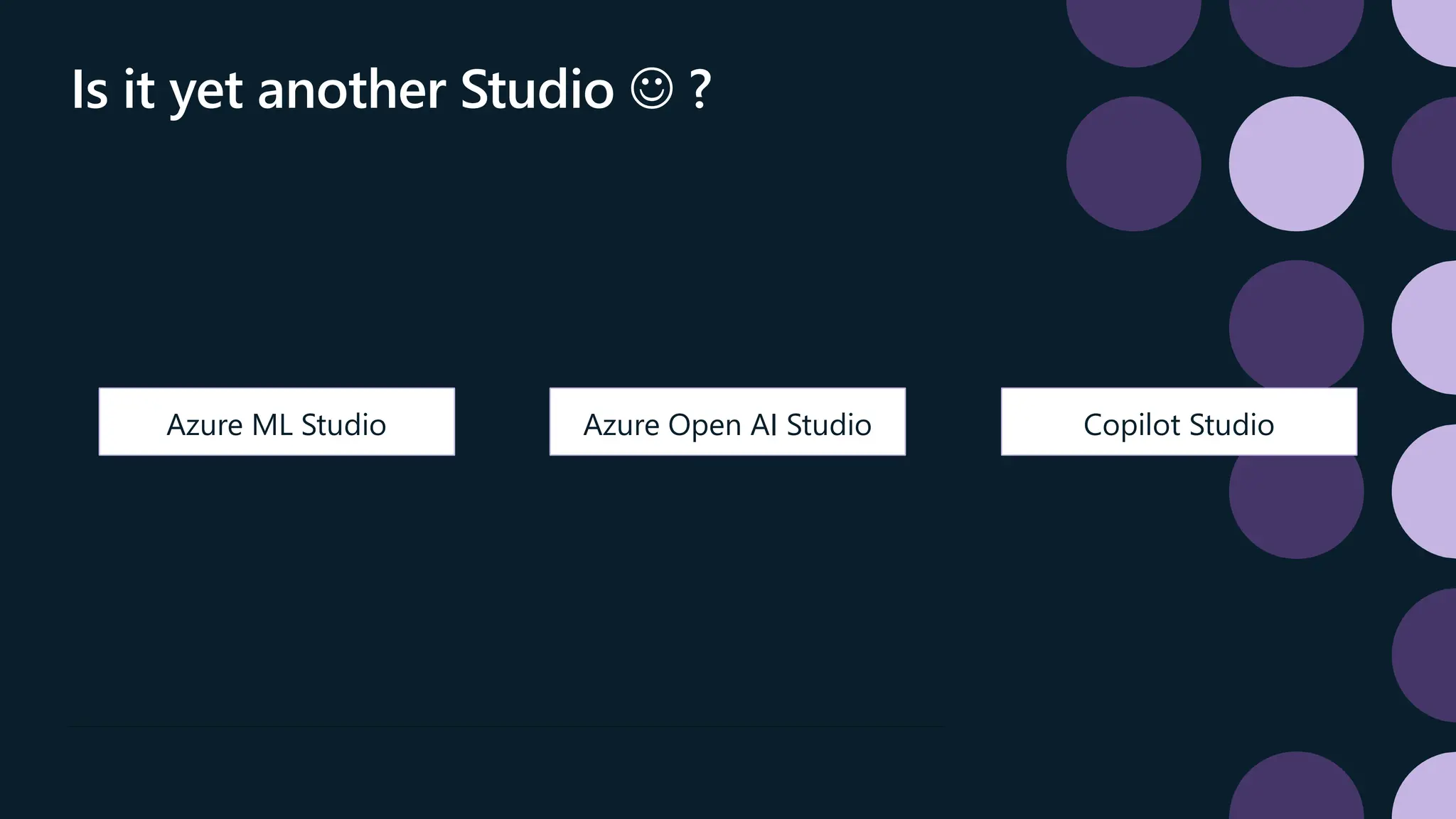Is it yet another Studio  ?
Azure Open AI Studio
Azure ML Studio Copilot Studio
 