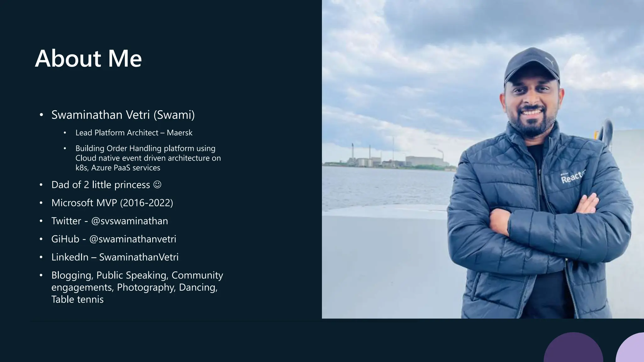 About Me
• Swaminathan Vetri (Swami)
• Lead Platform Architect – Maersk
• Building Order Handling platform using
Cloud native event driven architecture on
k8s, Azure PaaS services
• Dad of 2 little princess 
• Microsoft MVP (2016-2022)
• Twitter - @svswaminathan
• GiHub - @swaminathanvetri
• LinkedIn – SwaminathanVetri
• Blogging, Public Speaking, Community
engagements, Photography, Dancing,
Table tennis
 
