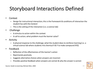 Storyboard Interactions Defined
• Context
       – Design for instructional interaction; this is the framework & conditions of interaction the
         student has with the Content
       – This is the setting of the interaction (i.e. a science lab)
•     Challenge
       – A stimulus to action within the context
       – A call to action; what problem must the learner solve?
• Activity
       – A physical response to the challenge; what the student does to reinforce learning (i.e. a
         virtual science lab where students mix chemical X & Y to make compound XYZ)
• Feedback
       –   Reflection of the effectiveness of the learner’s action
       –   Reprimands positively
       –   Suggests alternative choices when answers are incorrect
       –   Provides positive feedback when answers are correct & why the answer is correct
                                                                                                     Top
Source: Guide to eLearning; Michael Allen, 2003                                               13
 