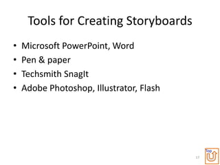 Tools for Creating Storyboards
•   Microsoft PowerPoint, Word
•   Pen & paper
•   Techsmith SnagIt
•   Adobe Photoshop, Illustrator, Flash




                                               Top
                                          17
 