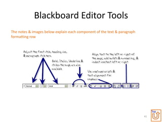 Blackboard Editor Tools
The notes & images below explain each component of the text & paragraph
formatting row




                                                                               Top
                                                                          41
 