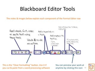Blackboard Editor Tools
    The notes & images below explain each component of the Format Editor row




This is the “Clear Formatting” button. Use it if   You can preview your work at       Top
you cut & paste from a word processing software    anytime by clicking this icon 42
 