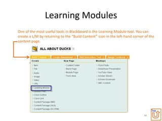 Learning Modules
One of the most useful tools in Blackboard is the Learning Module tool. You can
create a L/M by returning to the “Build Content” icon in the left-hand corner of the
content page.




                                                                                  Top
                                                                             46
 