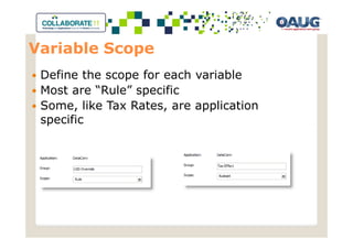 Variable Scope
 Define the scope for each variable
 Most are “Rule” specific
 Some, like Tax Rates, are application
 specific
 