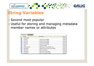 String Variables
 Second most popular
 Useful for storing and managing metadata
 member names or attributes
 