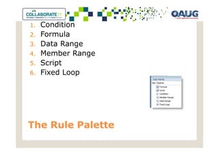 1.   Condition
2.   Formula
3.   Data Range
4.   Member Range
5.   Script
6.   Fixed Loop




The Rule Palette
 
