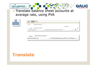 Translate balance sheet accounts at
 average rate, using PVA




Translate
 