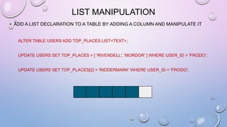 LIST MANIPULATION
• ADD A LIST DECLARATION TO A TABLE BY ADDING A COLUMN AND MANIPULATE IT
ALTER TABLE USERS ADD TOP_PLACES LIST<TEXT>;
UPDATE USERS SET TOP_PLACES = [ 'RIVENDELL', 'MORDOR' ] WHERE USER_ID = 'FRODO';
UPDATE USERS SET TOP_PLACES[2] = 'RIDDERMARK' WHERE USER_ID = 'FRODO';
 
