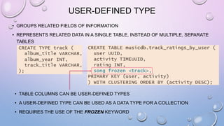 USER-DEFINED TYPE
• GROUPS RELATED FIELDS OF INFORMATION
• REPRESENTS RELATED DATA IN A SINGLE TABLE, INSTEAD OF MULTIPLE, SEPARATE
TABLES
• TABLE COLUMNS CAN BE USER-DEFINED TYPES
• A USER-DEFINED TYPE CAN BE USED AS A DATA TYPE FOR A COLLECTION
• REQUIRES THE USE OF THE FROZEN KEYWORD
 
