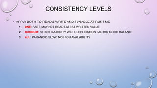 CONSISTENCY LEVELS
• APPLY BOTH TO READ & WRITE AND TUNABLE AT RUNTIME
1. ONE: FAST, MAY NOT READ LATEST WRITTEN VALUE
2. QUORUM: STRICT MAJORITY W.R.T. REPLICATION FACTOR GOOD BALANCE
3. ALL: PARANOID SLOW, NO HIGH AVAILABILITY
 