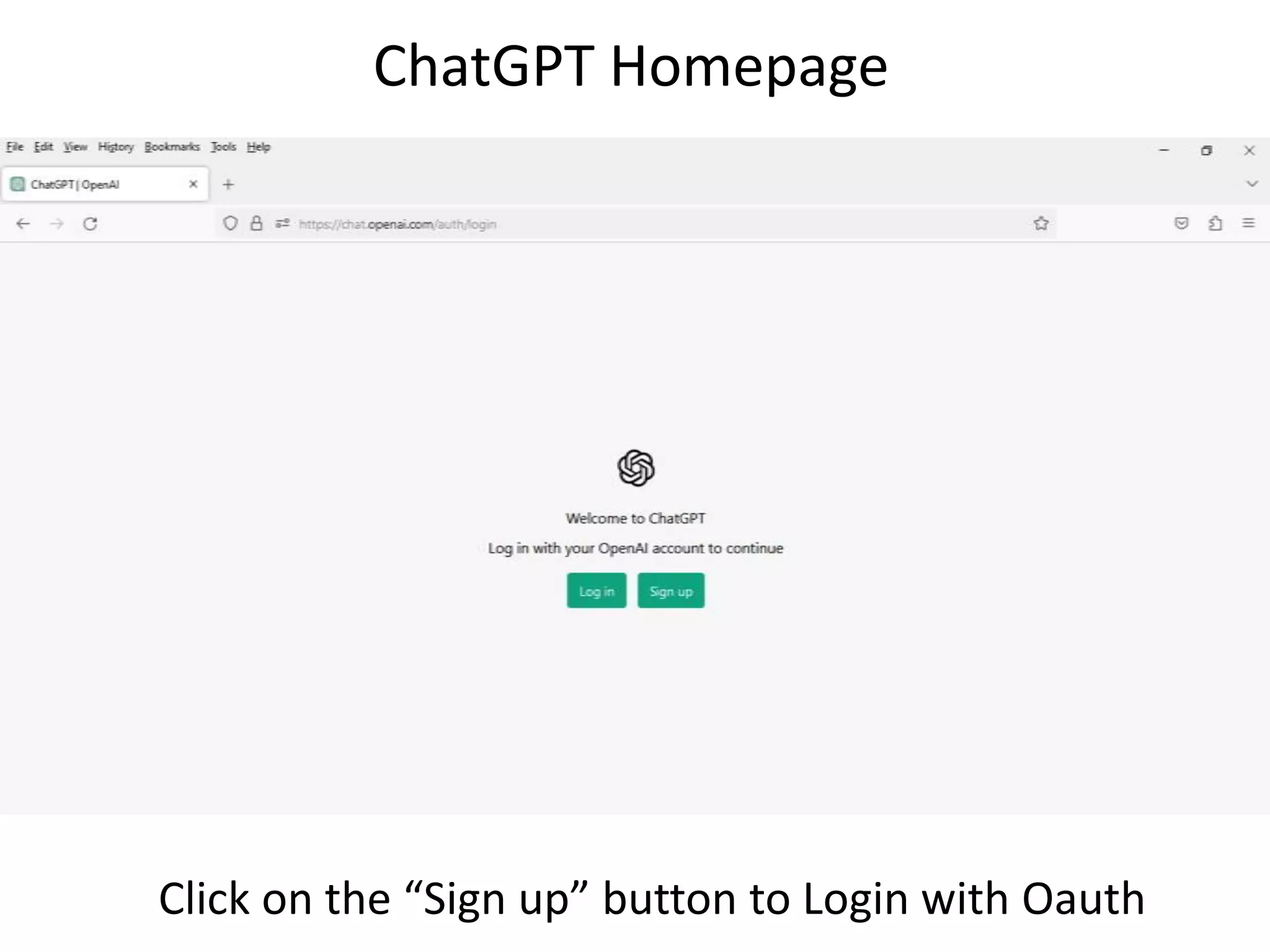 ChatGPT Homepage
Click on the “Sign up” button to Login with Oauth
 