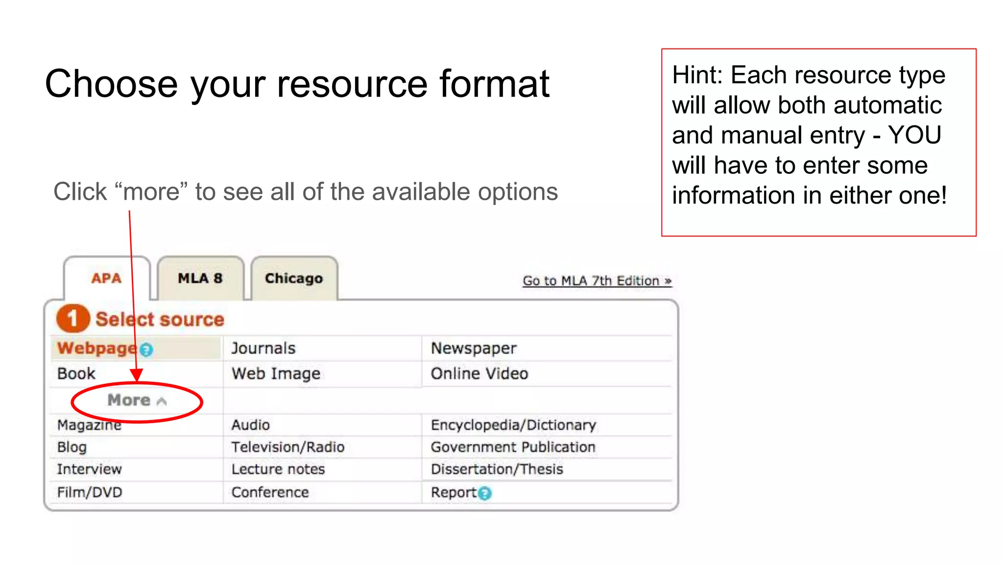 Choose your resource format
Click “more” to see all of the available options
Hint: Each resource type
will allow both automatic
and manual entry - YOU
will have to enter some
information in either one!
 