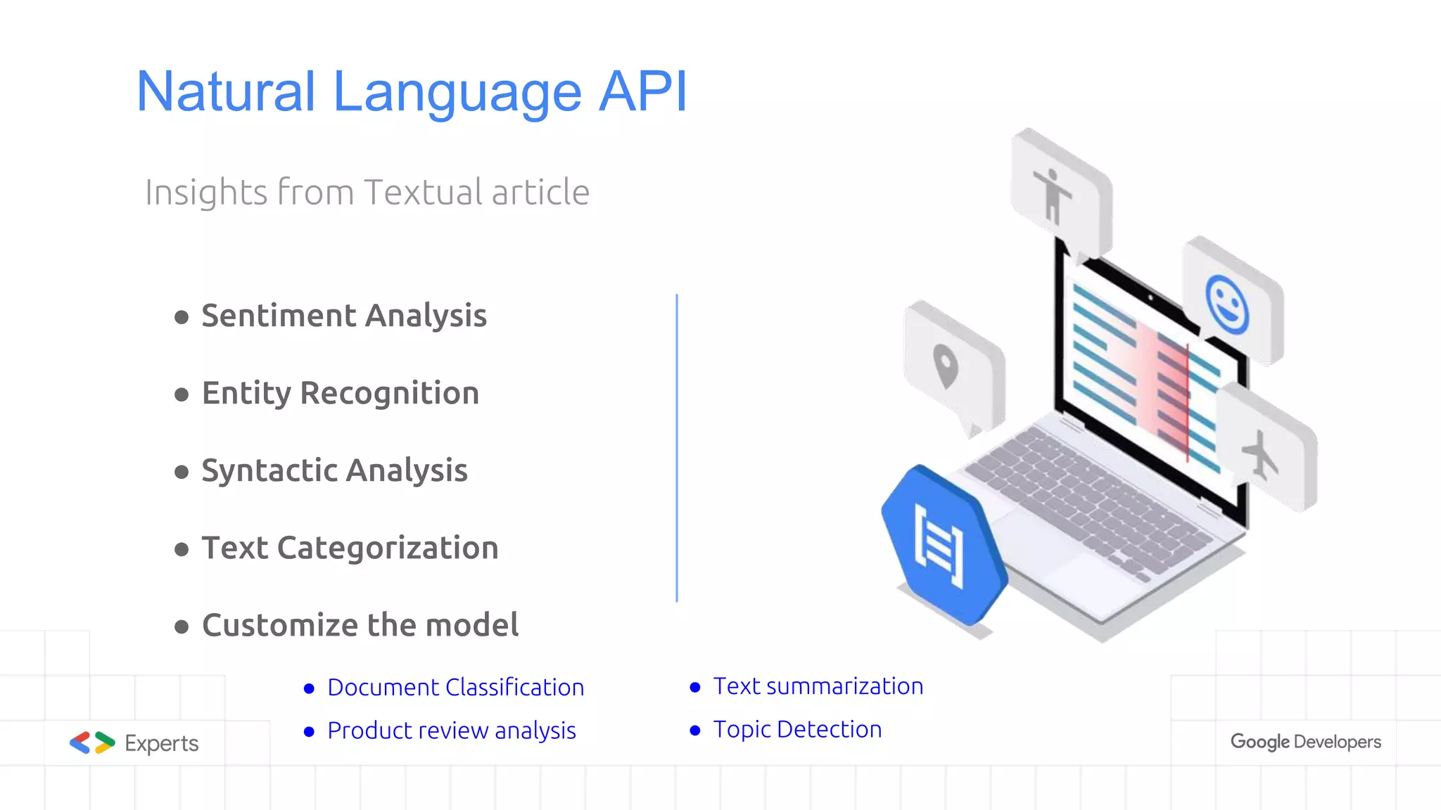 Natural Language API
● Sentiment Analysis
● Entity Recognition
● Syntactic Analysis
● Text Categorization
● Customize the model
Insights from Textual article
● Document Classification
● Product review analysis
● Text summarization
● Topic Detection
 