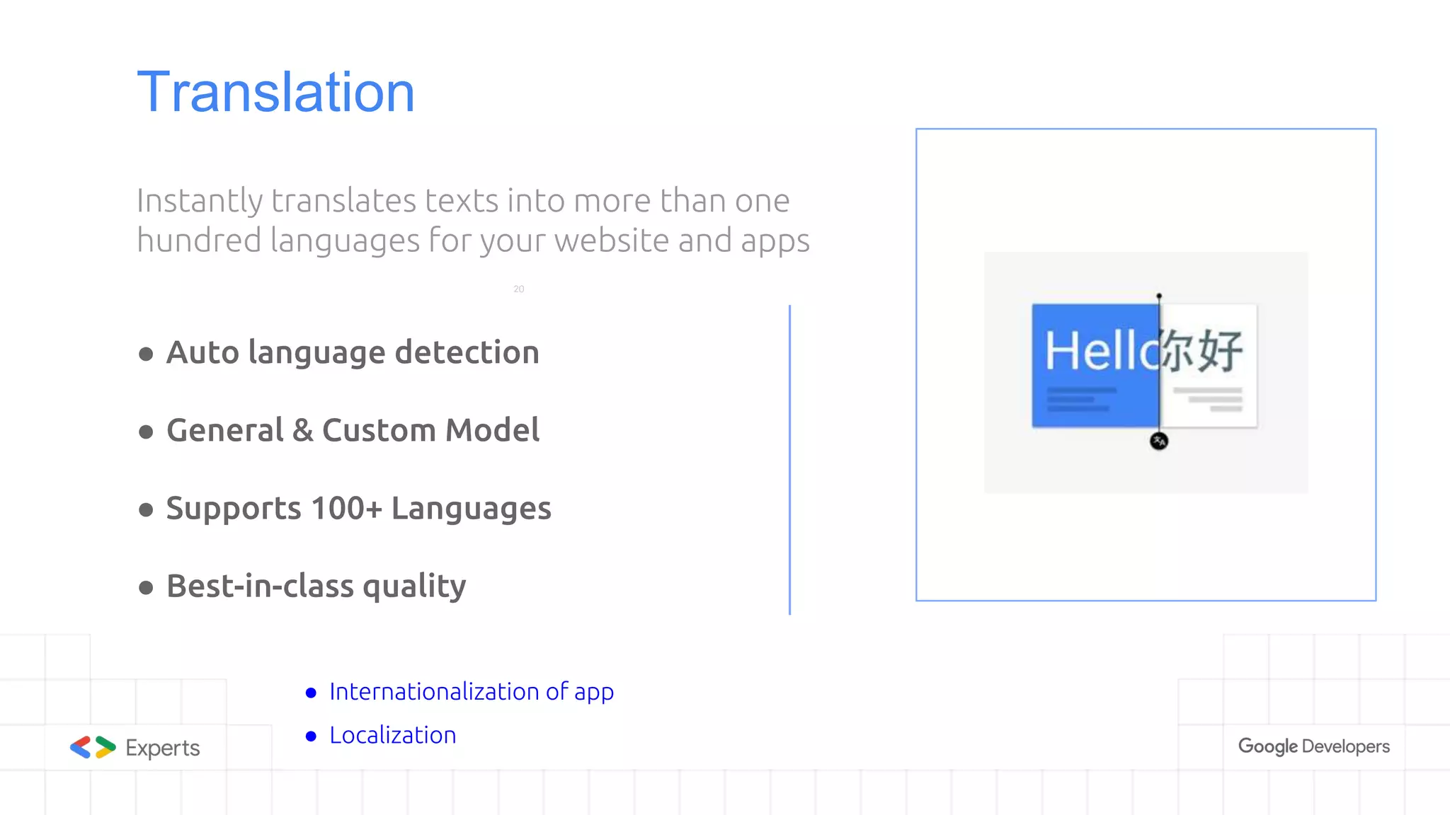 Translation
20
Instantly translates texts into more than one
hundred languages for your website and apps
● Auto language detection
● General & Custom Model
● Supports 100+ Languages
● Best-in-class quality
● Internationalization of app
● Localization
 